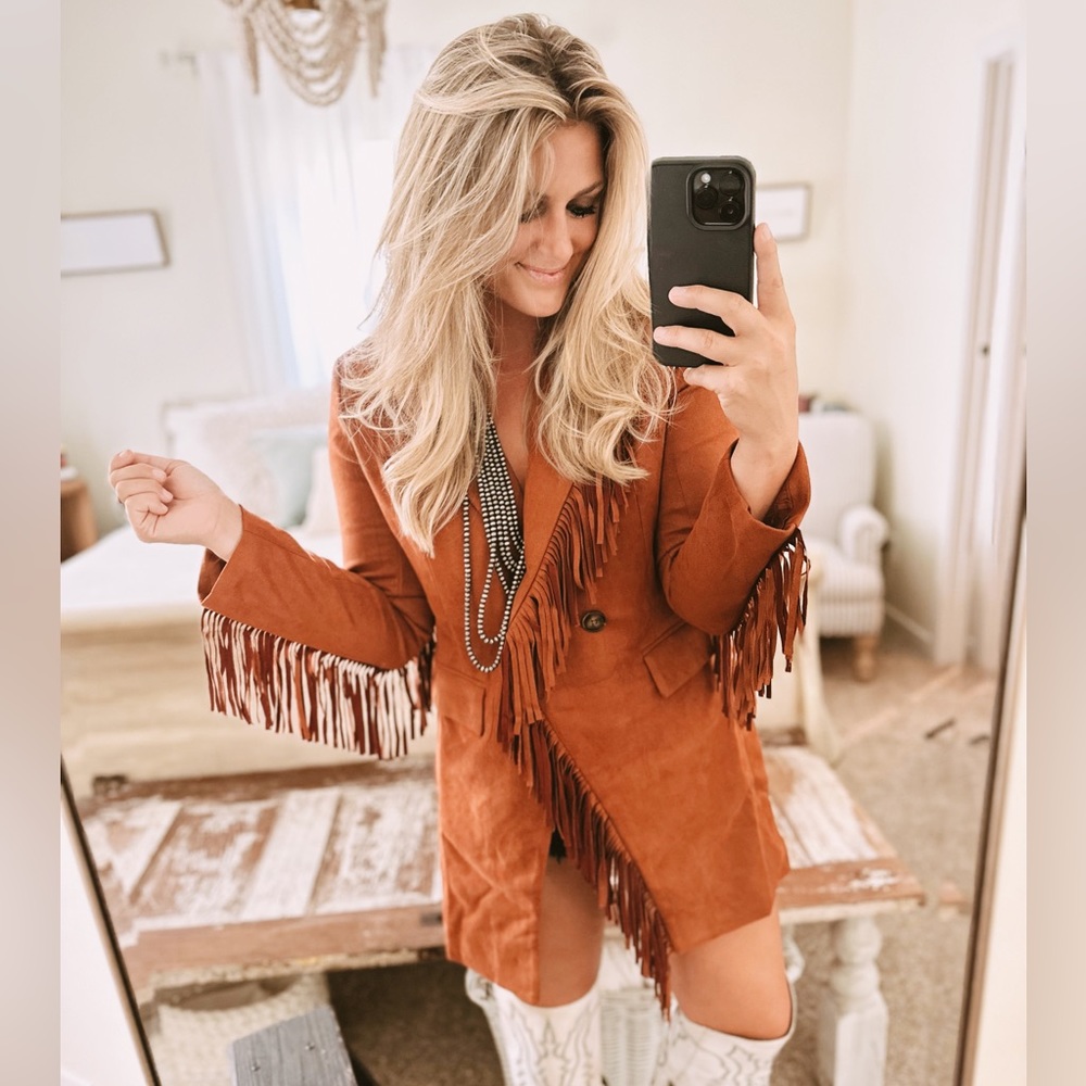 Chaney’s Western Suede Style Blazer Dress with Fringe in Brown